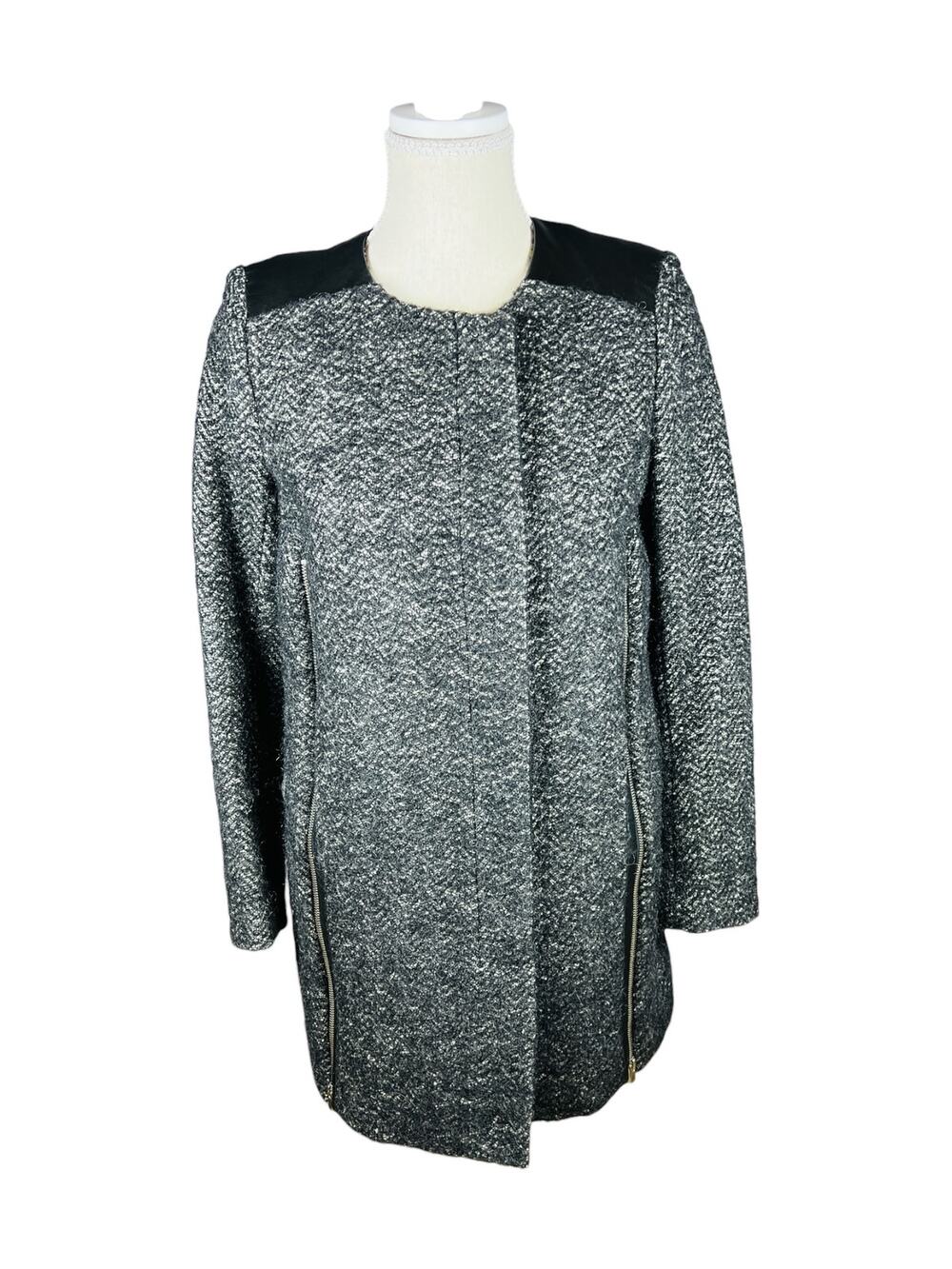 Maje Dumbo Black Grey Wool Mohair Tweed Lambskin Zip Coat FR 36 US 4